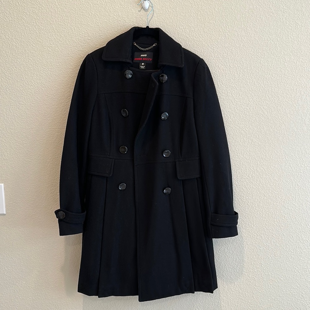 Miss Sixty Wool Long Peacoat in black size small